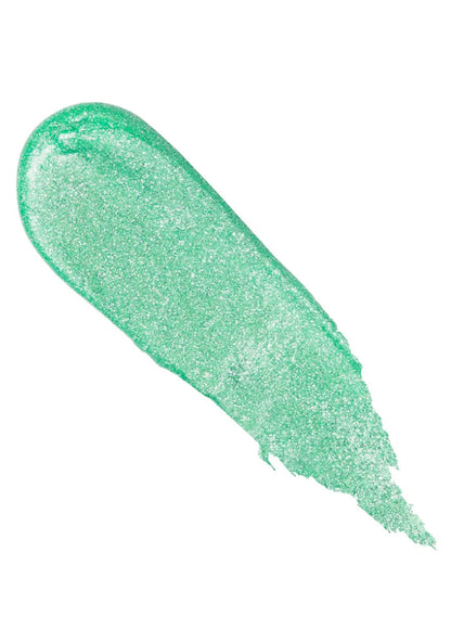 Kimchi Chic DIAMOND SHARTS Liquid Glitter Illuminator in 10 Standing Ovation mint with star glitter in twist cap bottle on rave makeup illuminator — detail view
