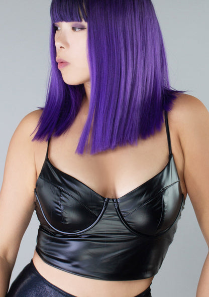 Hot & Delicious Disturbia Black Faux Leather Bustier Top in black with adjustable spaghetti straps on rave festival top — model view