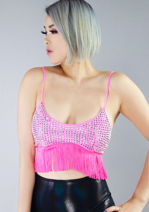Hot & Delicious Dollhouse Disco Rhinestone Fringe Crop Top in pink with rhinestone detail and fringe trim on festival top — model view