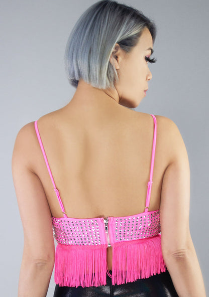 Hot & Delicious Dollhouse Disco Rhinestone Fringe Crop Top in pink — model back view
