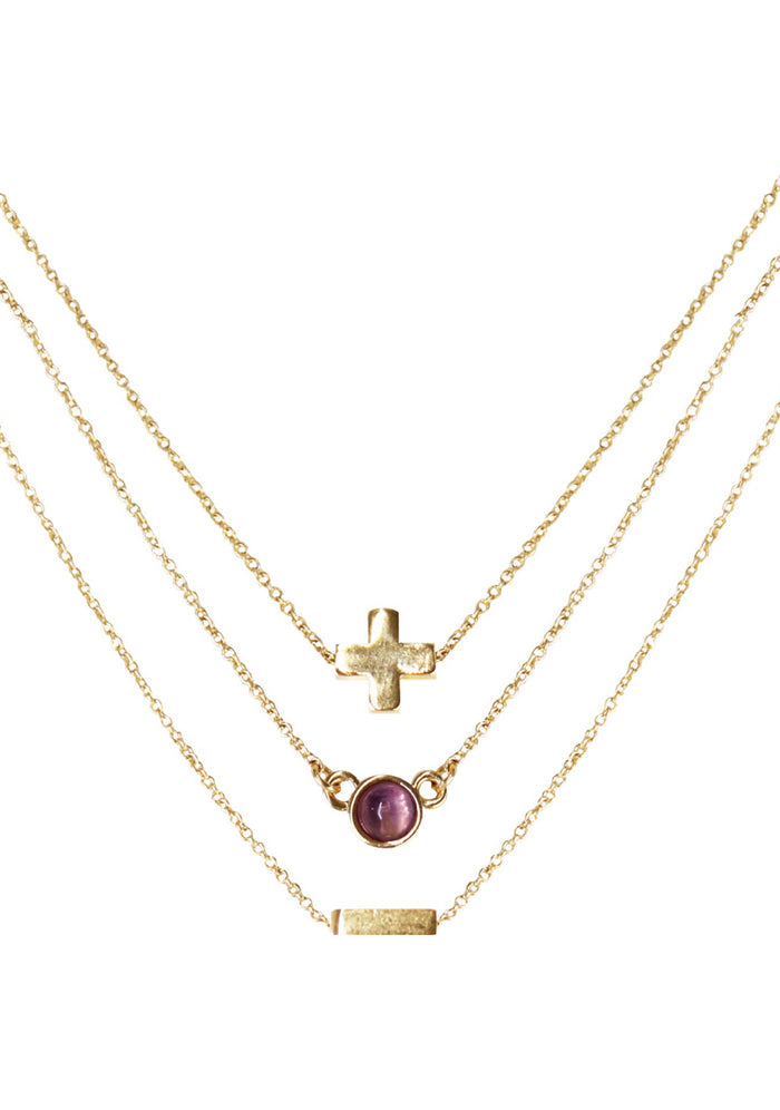 Charged Dream Amethyst Delicate Chain Necklace Set in gold with raw purple amethyst stone on three 18k gold plated chain crystal festival necklace set — front view