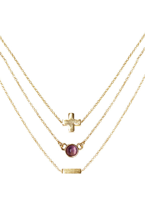 Charged Dream Amethyst Delicate Chain Necklace Set in gold with raw purple amethyst stone on three 18k gold plated chain crystal festival necklace set — front view