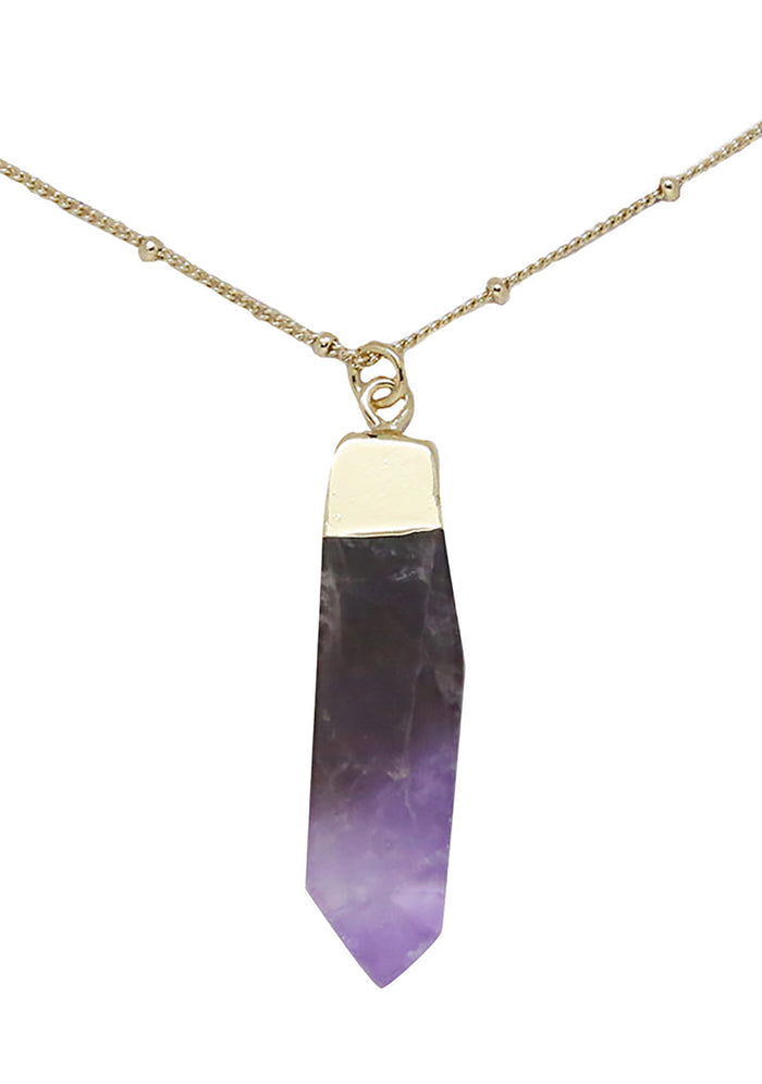 Charged Dream Amethyst Gemstone Necklace in gold with raw purple amethyst stone pendant on 18k gold plated chain crystal festival necklace — front view
