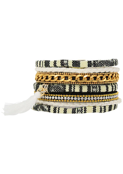 Erimish Dream Weaver Bracelet in black white with woven pattern, rhinestone embellishments, and tassel detail on wrap style festival bracelet — front view