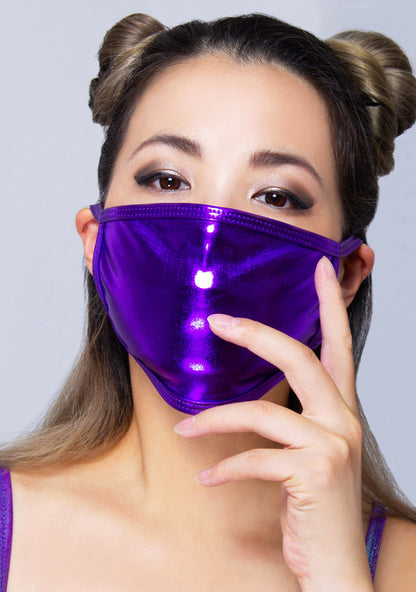 BGlittz Electra Dust Mask in metallic purple with solid metallic purple base on breathable nylon rave festival face mask — model view