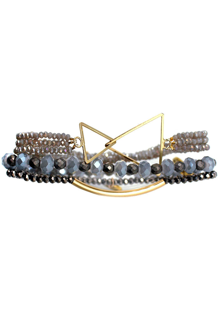 Erimish Dusk Earrings and Bracelet Stack Set in grey gold with druzy earrings and geometric metal stretch bracelets — detail view
