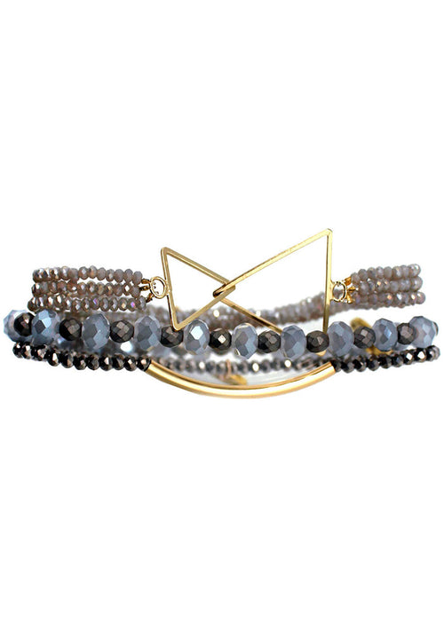 Erimish Dusk Earrings and Bracelet Stack Set in grey gold with druzy earrings and geometric metal stretch bracelets — detail view