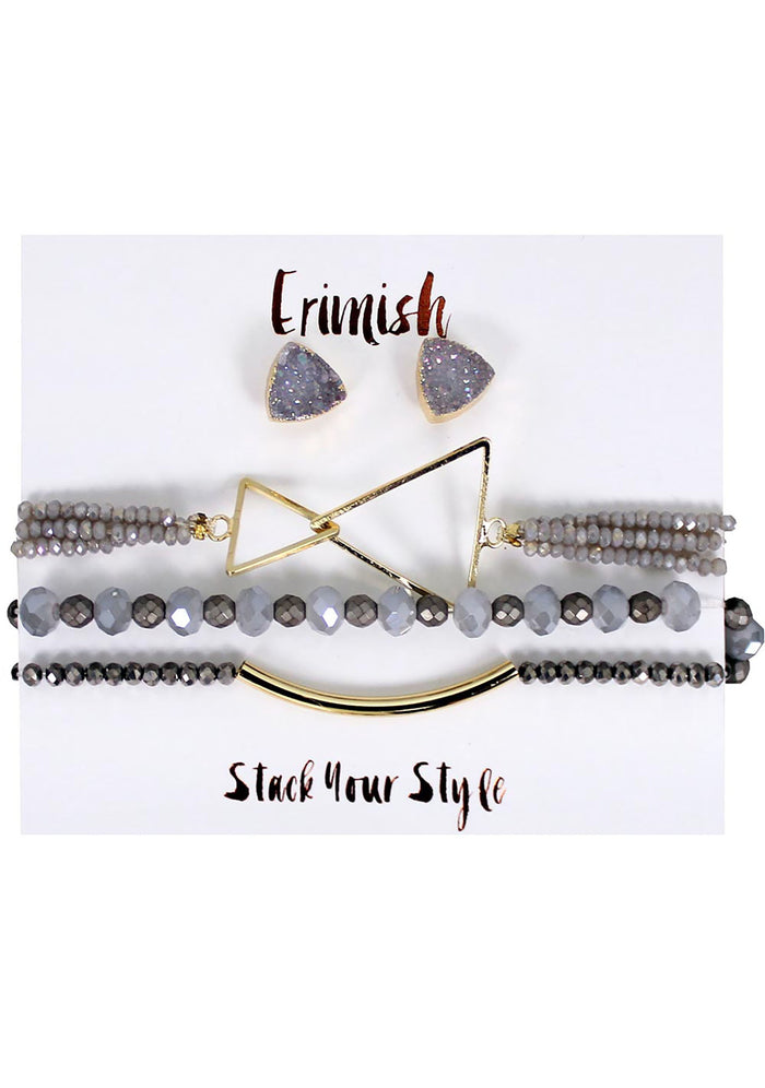Erimish Dusk Earrings and Bracelet Stack Set in grey gold with druzy earrings and geometric metal stretch bracelets — flat view