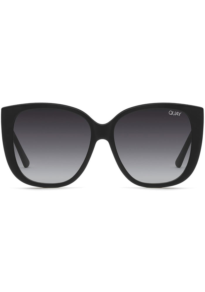 Quay Australia Ever After Sunglasses in matte black with oversized square frame and smoke fade lens on festival sunglasses — front view