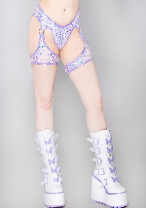 J Valentine Fairy Tale Sequin Net Chap Shorts in lavender with sequin detailing and o-ring accent on rave bottoms — front view