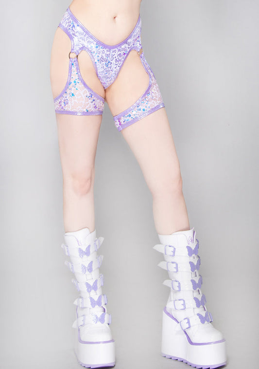 J Valentine Fairy Tale Sequin Net Chap Shorts in lavender with sequin detailing and o-ring accent on rave bottoms — front view