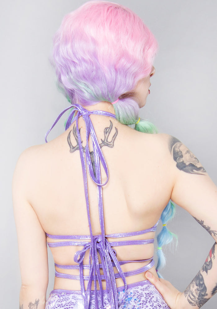 J Valentine Fairy Tale Sequin Net Wrap Top in lavender — back view