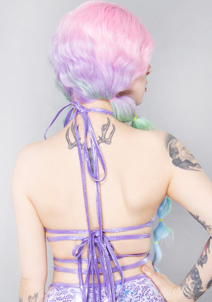 J Valentine Fairy Tale Sequin Net Wrap Top in lavender — back view