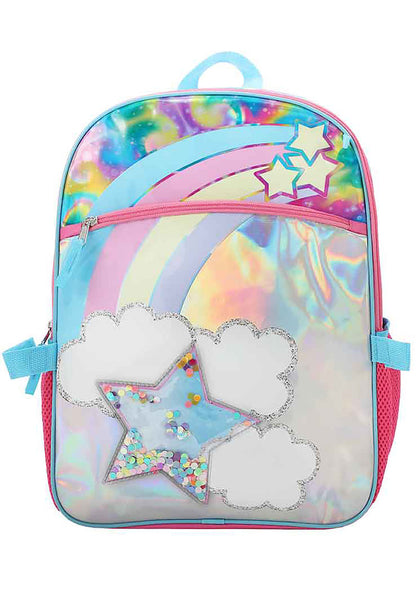 Bioworld Falling Star Holographic Backpack in multicolor with holographic falling star print and PVC confetti detail on vegan leather rave festival backpack — front view