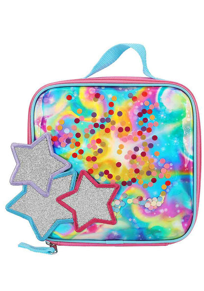 Bioworld Falling Star Holographic Lunch Tote in multicolor with iridescent foil and sequin confetti on insulated canvas rave festival lunch bag — front view