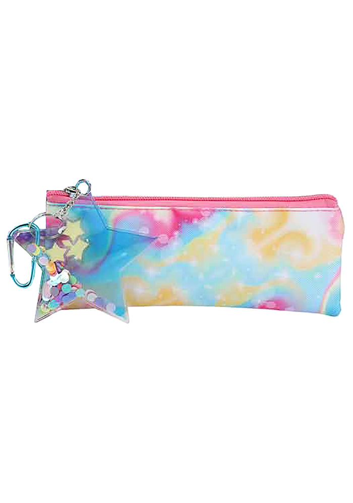 Bioworld Falling Star Nylon Cosmetic Bag with Keychain in multicolor with rainbow swirl nylon and PVC star confetti keychain on rave festival makeup bag — front view