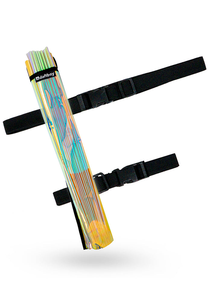Daftboy Fluid Fantasy Fan Holster 2.0h in Atlantis with iridescent fabric and velcro loop attachment on rave fan holster case — front view