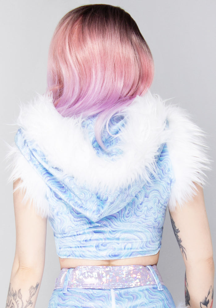 J Valentine Frost Queen Hooded Crop Top in light blue — back view