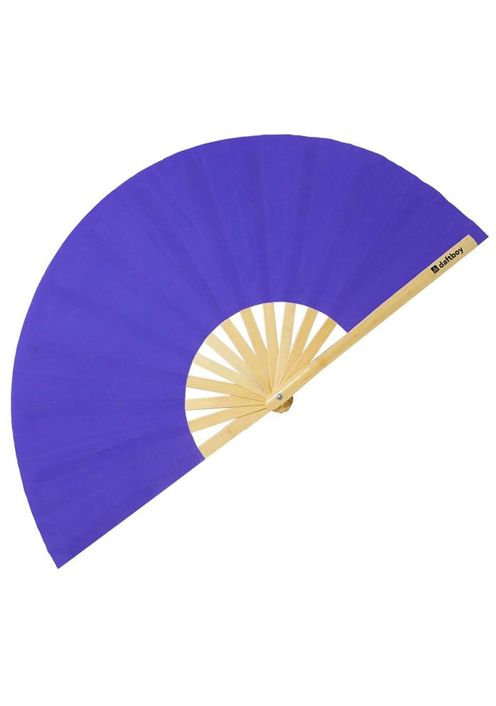 Daftboy Game Changer Color Change Rave Fan in purple pink with heat reactive fabric on eco-friendly bamboo festival fan — side view