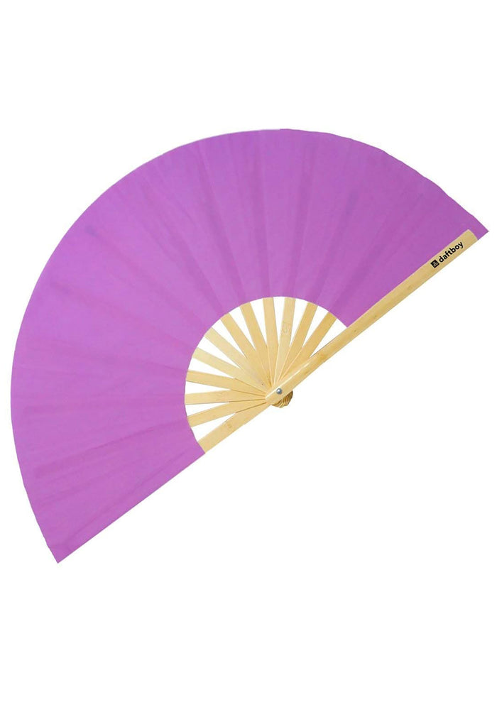 Daftboy Game Changer Color Change Rave Fan in purple pink with heat reactive fabric on eco-friendly bamboo festival fan — side view 2
