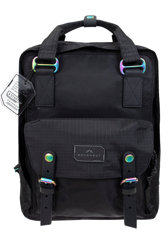 Doughnut Official Gamescape Series Macaroon Backpack in black with iridescent hardware and water-resistant exterior on festival backpack — front view