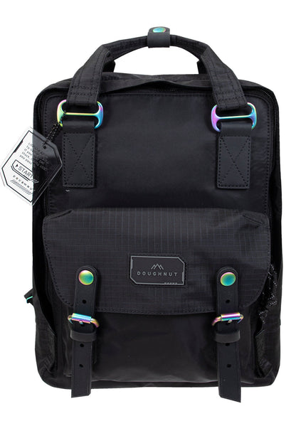 Doughnut Official Gamescape Series Macaroon Backpack in black with iridescent hardware and water-resistant exterior on festival backpack — front view