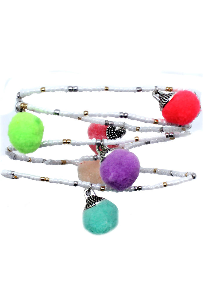 Erimish Gem Jam Pom Pom Wrap Bracelet in multi with colorful pom pom detail and signature gold charm on wrap style festival bracelet — front view