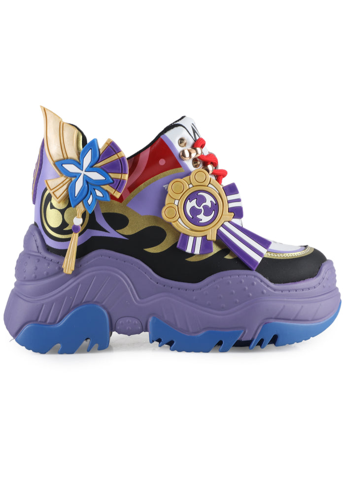 Side studio profile view of Anthony Wang Genshin Impact Raiden Shogun purple platform sneakers featuring gold Inazuma electro crest details, deep violet panels, and structural overlays on a massive layered wedge sole