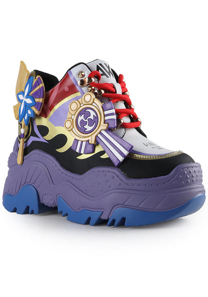 Three-quarter view of Anthony Wang Genshin Impact Raiden Shogun purple platform sneakers showcasing the aggressive chunky sculpted outsole design and detailed cosplay inspired toe cap patterns
