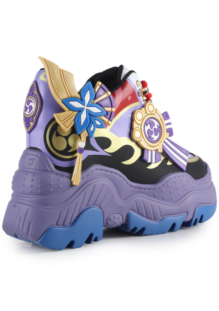 On-foot view looking down at Anthony Wang Genshin Impact Raiden Shogun platform sneakers highlighting the dynamic dual metallic lace charms, wrap around ankle cords, and vibrant multi-textured violet overlays