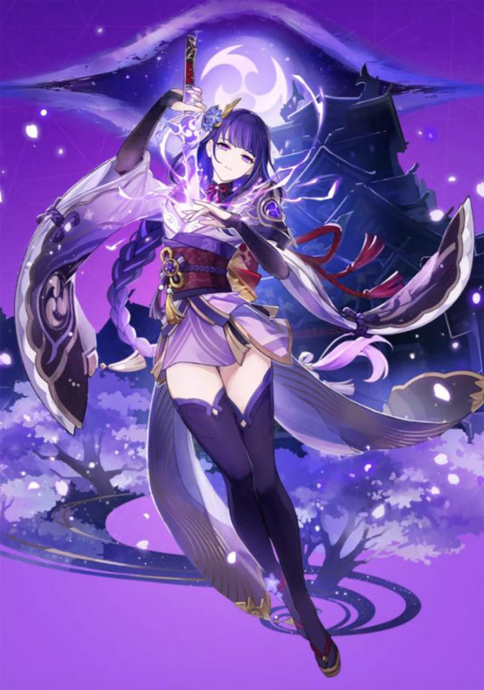 Official anime character splash art illustration of Raiden Shogun from Genshin Impact wielding a lightning katana sword against a cosmic purple Inazuma backdrop