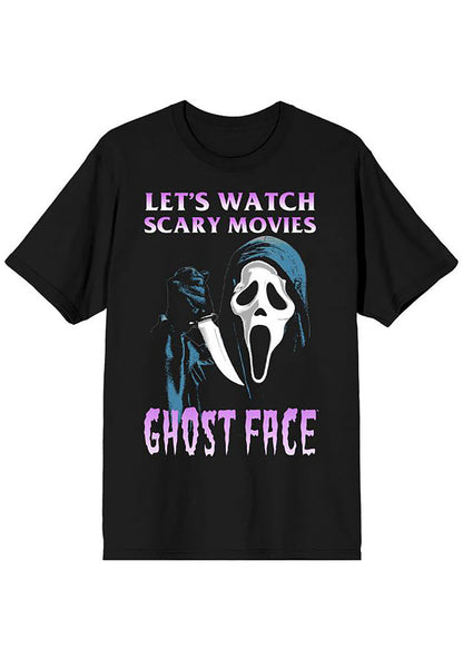 Bioworld Ghostface Let's Watch Scary Movies Unisex Tee in black with Ghostface front graphic on horror fandom rave festival top — front view