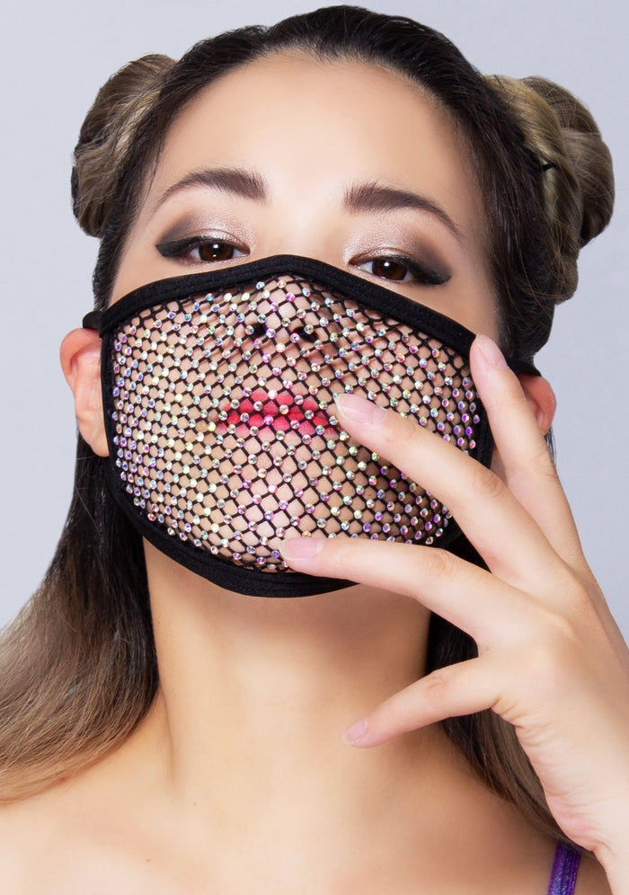 BGlittz Gianni Crystal Dust Mask in black with mesh netting and AB crystal stone detail on breathable polyester nylon rave crystal face mask — model view