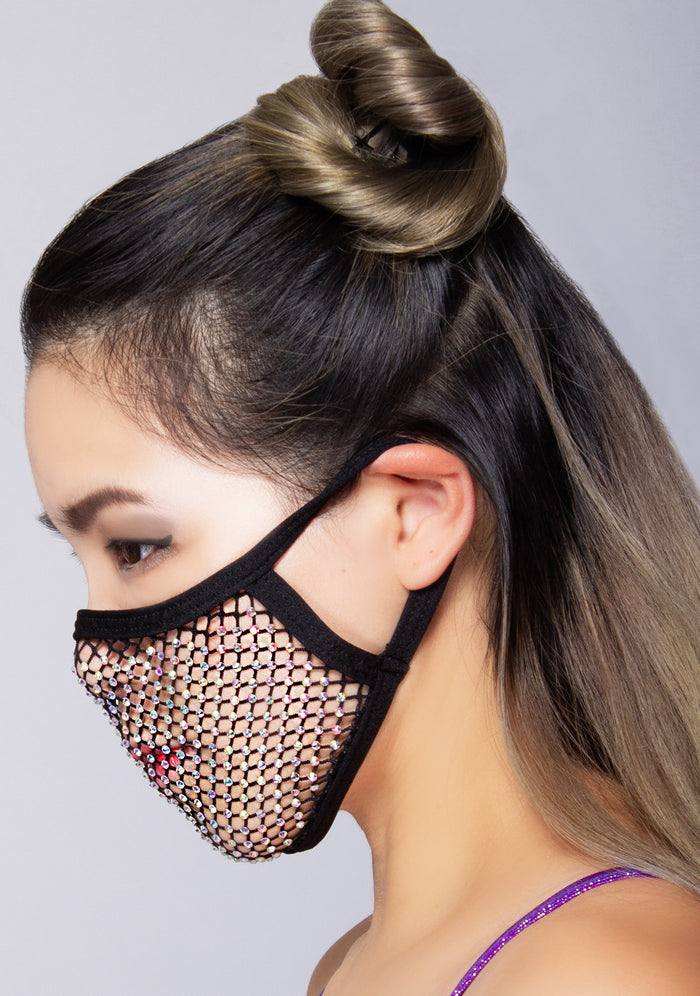 BGlittz Gianni Crystal Dust Mask in black with mesh netting and AB crystal stone detail on breathable polyester nylon rave crystal face mask — model side view