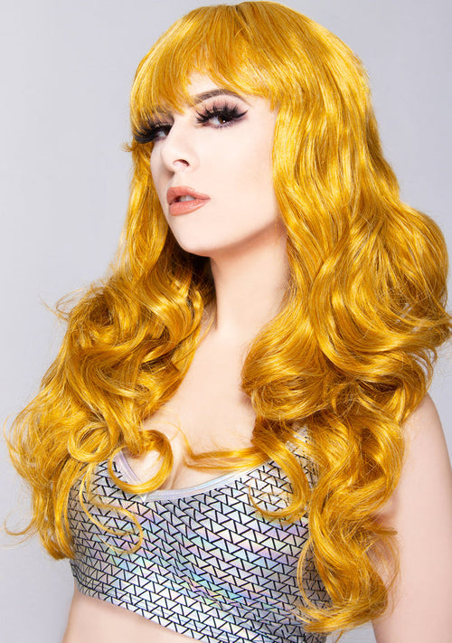 Leg Avenue Girl Next Door Long Wavy Bang Wig in blonde with hard front bang on festival hair wig — model view
