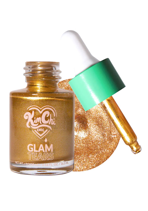 Kimchi Chic GLAM TEARS Shimmer Liquid Highlighter in 01 Gold with golden liquid shimmer in dropper bottle on rave makeup highlighter — front view