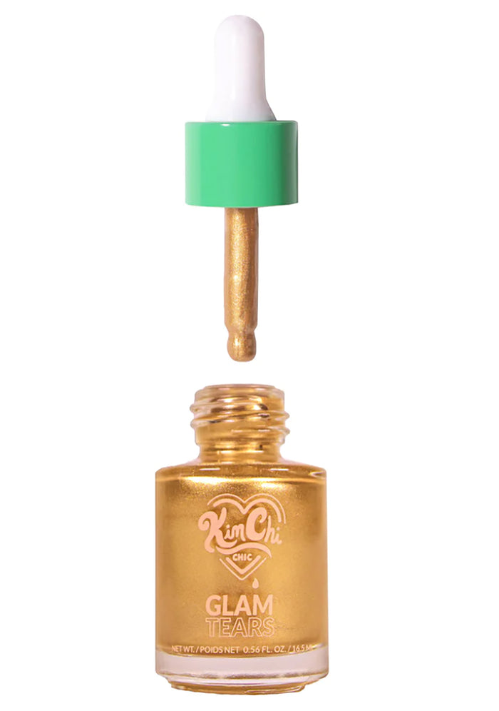 Kimchi Chic GLAM TEARS Shimmer Liquid Highlighter in 01 Gold with golden liquid shimmer in dropper bottle on rave makeup highlighter — swatch view
