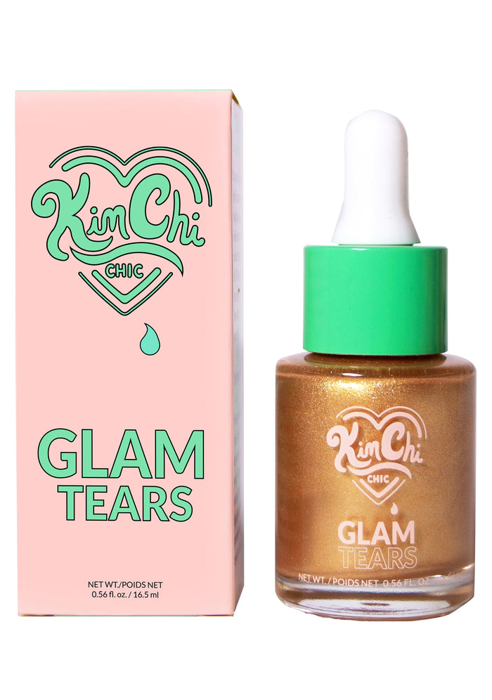 Kimchi Chic GLAM TEARS Shimmer Liquid Highlighter in 01 Gold with golden liquid shimmer in dropper bottle on rave makeup highlighter — model applied view