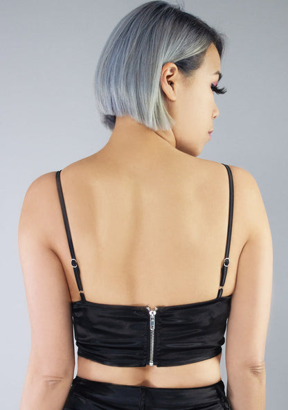 Hot & Delicious Glamour Fest Satin Bustier Crop Top in black — model back view