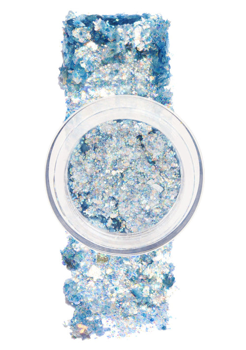 Kimchi Chic GLITTER SHARTS Gel Glitter Pots in 01 Super Galactic blue with holographic star and hexagon glitter in gel pot on rave makeup body glitter — front view