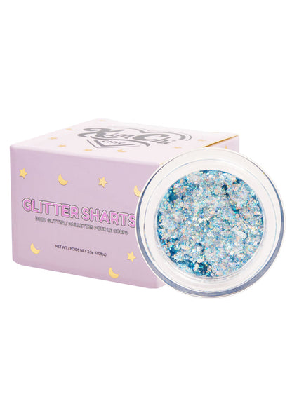 Kimchi Chic GLITTER SHARTS Gel Glitter Pots in 01 Super Galactic blue with holographic star and hexagon glitter in gel pot on rave makeup body glitter — texture detail view