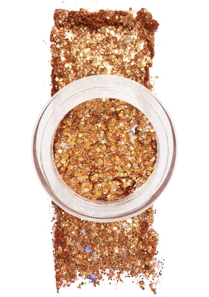 Kimchi Chic GLITTER SHARTS Gel Glitter Pots in 04 Super Star gold with holographic star and hexagon glitter in gel pot on rave makeup body glitter — front view