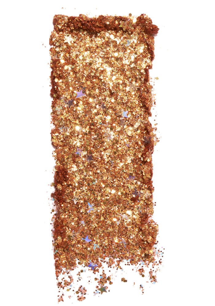 Kimchi Chic GLITTER SHARTS Gel Glitter Pots in 04 Super Star gold with holographic star and hexagon glitter in gel pot on rave makeup body glitter — swatch view