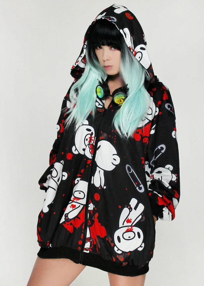 ACDC Rag Gloomy Bear Dark Gloomy Oversized Zip Up Hoodie Black Red — model front view