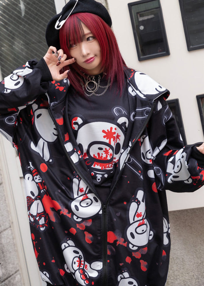 ACDC Rag Gloomy Bear Dark Gloomy Oversized Zip Up Hoodie Black Red — model side view