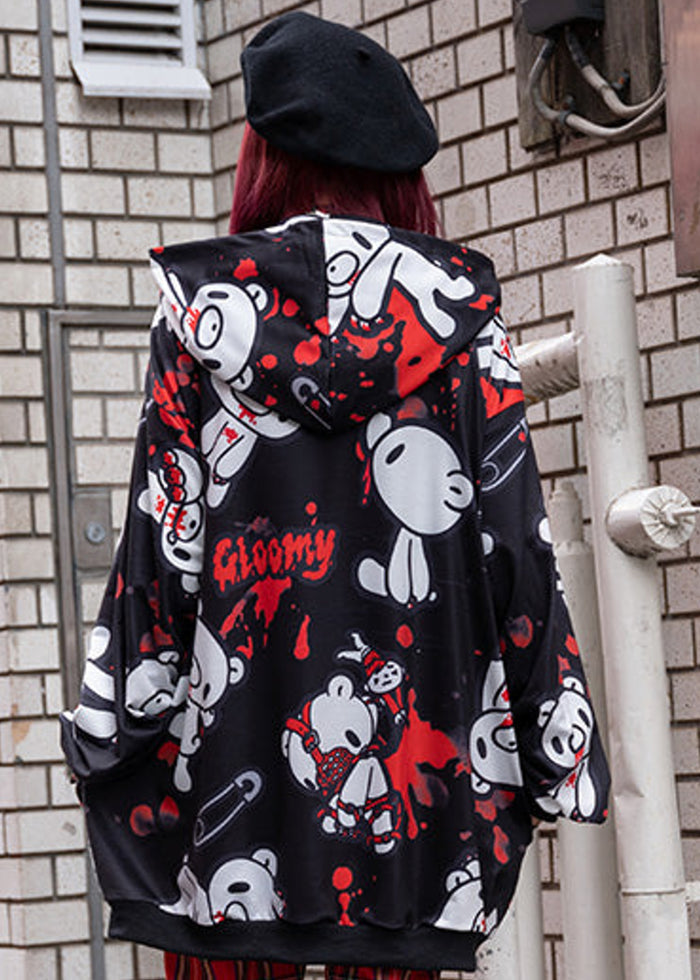 ACDC Rag Gloomy Bear Dark Gloomy Oversized Zip Up Hoodie Black Red — model full view