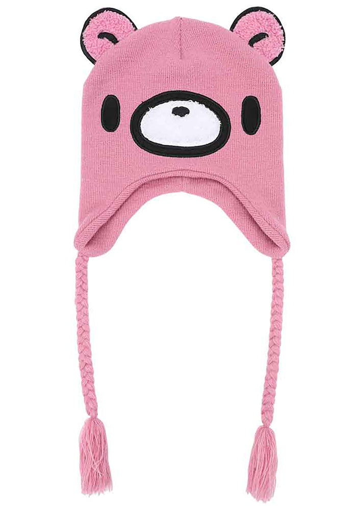 Bioworld Gloomy Bear Laplander Fleece Cosplay Beanie in pink with 3D Gloomy Bear ears and embroidered face detail on kawaii rave festival hat — front view
