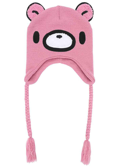 Bioworld Gloomy Bear Laplander Fleece Cosplay Beanie in pink with 3D Gloomy Bear ears and embroidered face detail on kawaii rave festival hat — front view