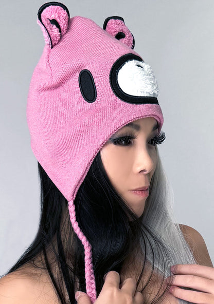 Bioworld Gloomy Bear Laplander Fleece Cosplay Beanie in pink — model side view