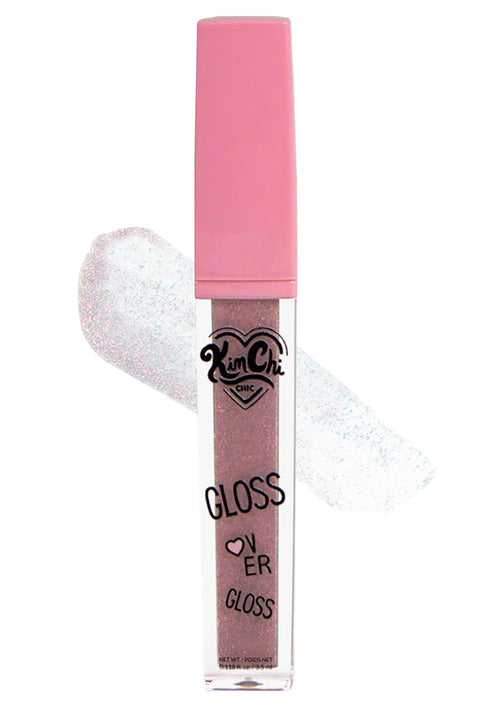 Kimchi Chic GLOSS OVER GLOSS Lip Gloss in 05 Aurora iridescent shimmer with doe-foot applicator twist cap on rave makeup lip gloss — front view
